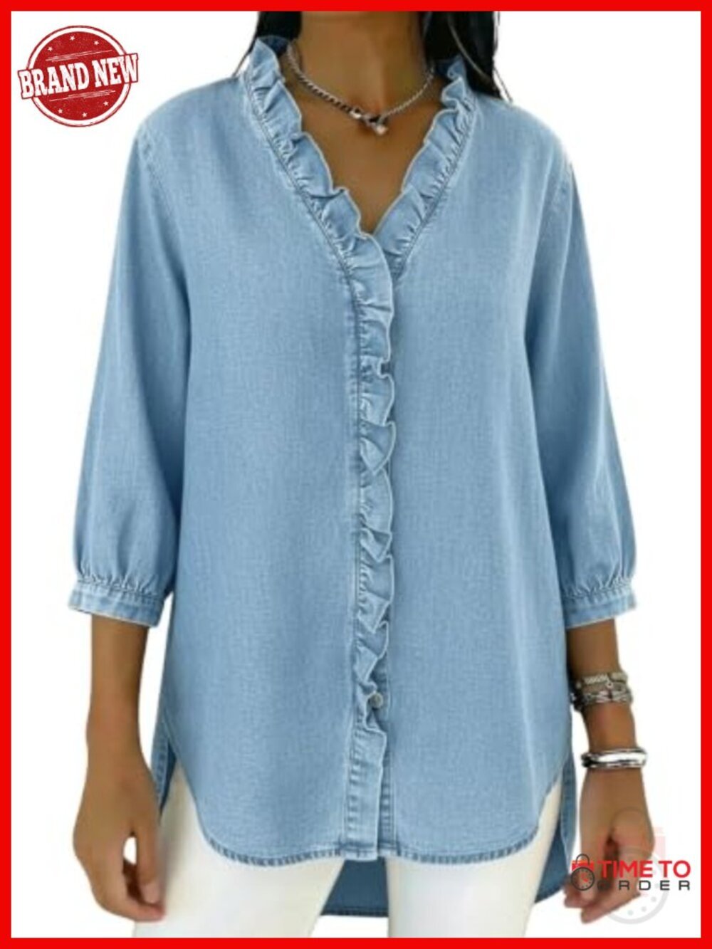 Ruffle Button Down Denim Shirt V Neck 3/4 Sleeve Blouse Tunic